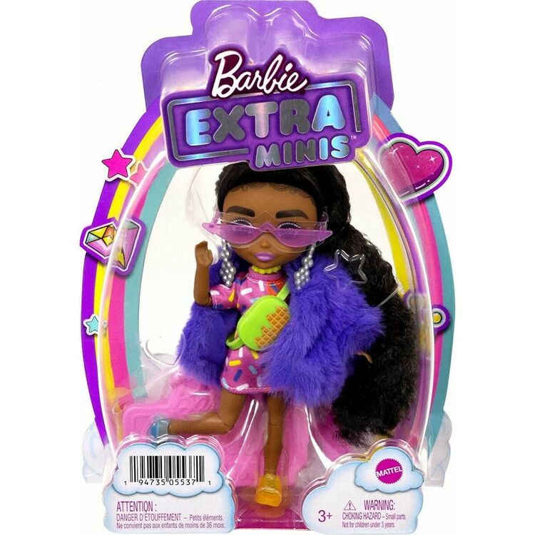 Product Mattel Barbie Extra Minis - Dark Skin Doll Wearing Faux Fur Coat Purple (HGP63) image