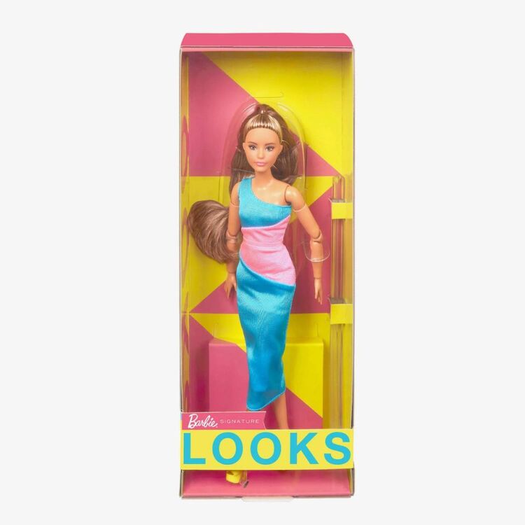 Product Mattel Barbie Signature Looks: Short Doll with Brunette Ponytail Turquoise/Pink Dress Model #15 (HJW82) image