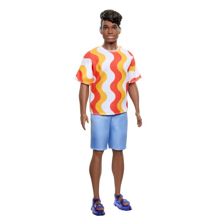 Product Mattel Barbie Ken Doll - Fashionistas #220 Dark Skin Doll with Behind the Ear Hearing Aids Wearing Orange Shirt  Jelly Shoes (HRH23) image