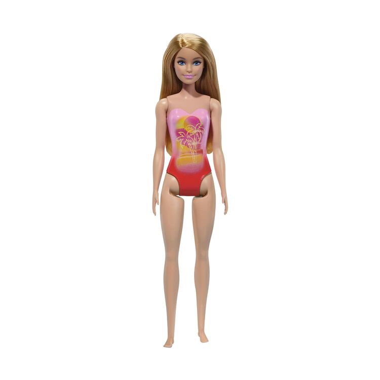 Product Mattel Barbie: Beach - Blond Hair Doll Wearing Pink Palm Tree-Print Swimsuit (HXX48) image